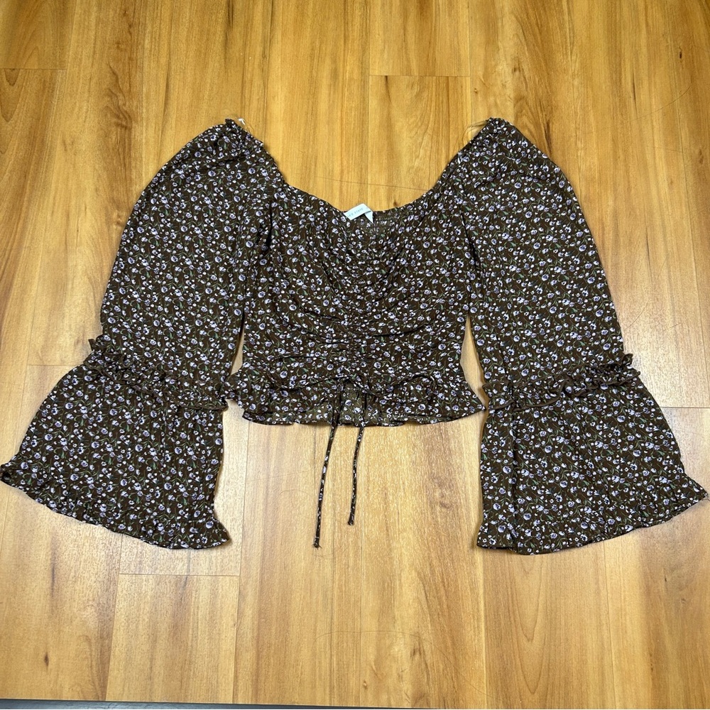 Altar’d State‎ Floral Smocked Crop Top Bell Sleeve Brown Size S NWT